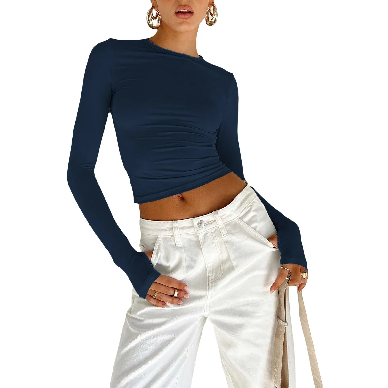 Slim Fit Long Sleeve Crop Top - Crew Neck with Thumb Holes and Solid Color