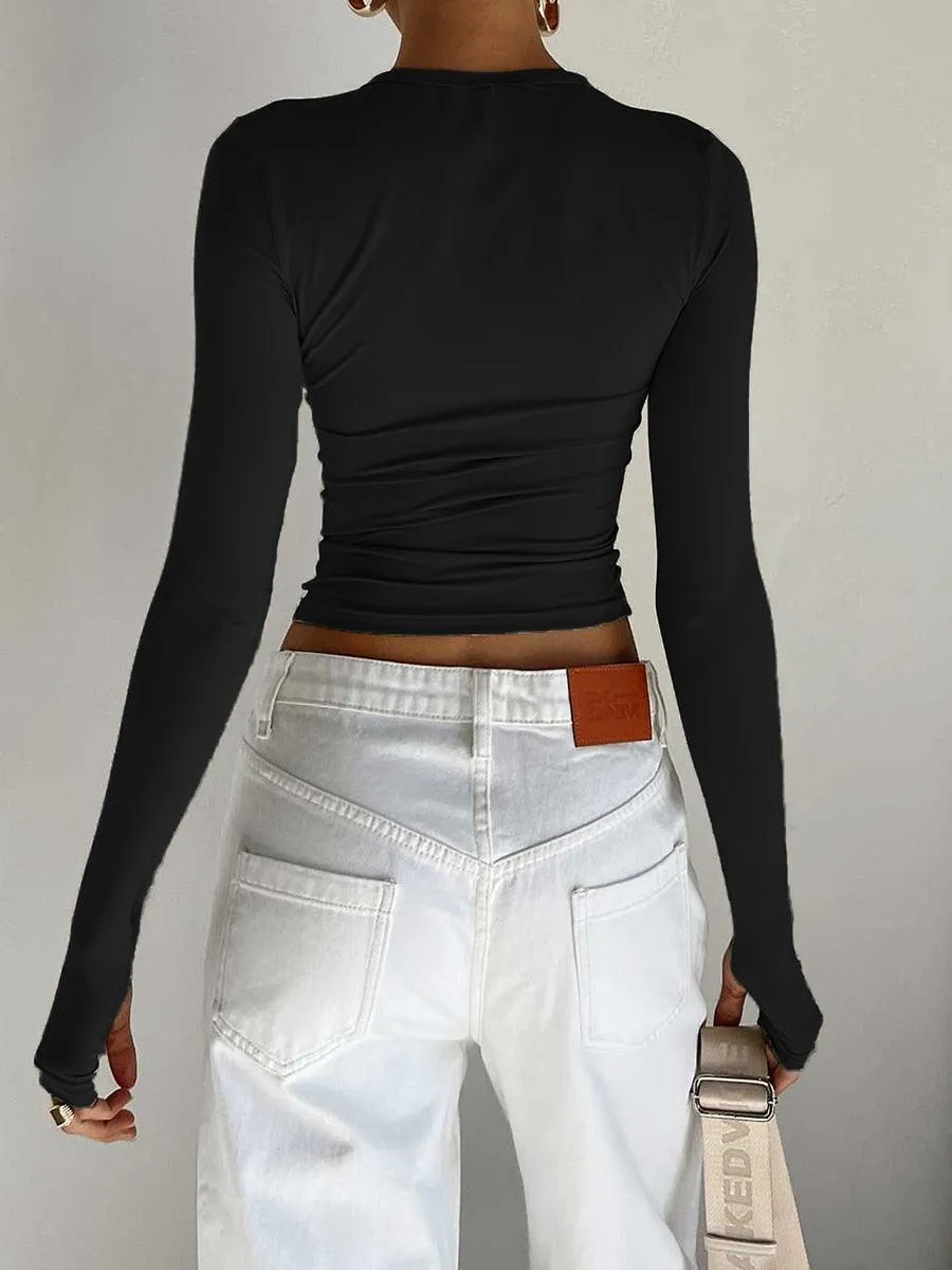 Slim Fit Long Sleeve Crop Top - Crew Neck with Thumb Holes and Solid Color