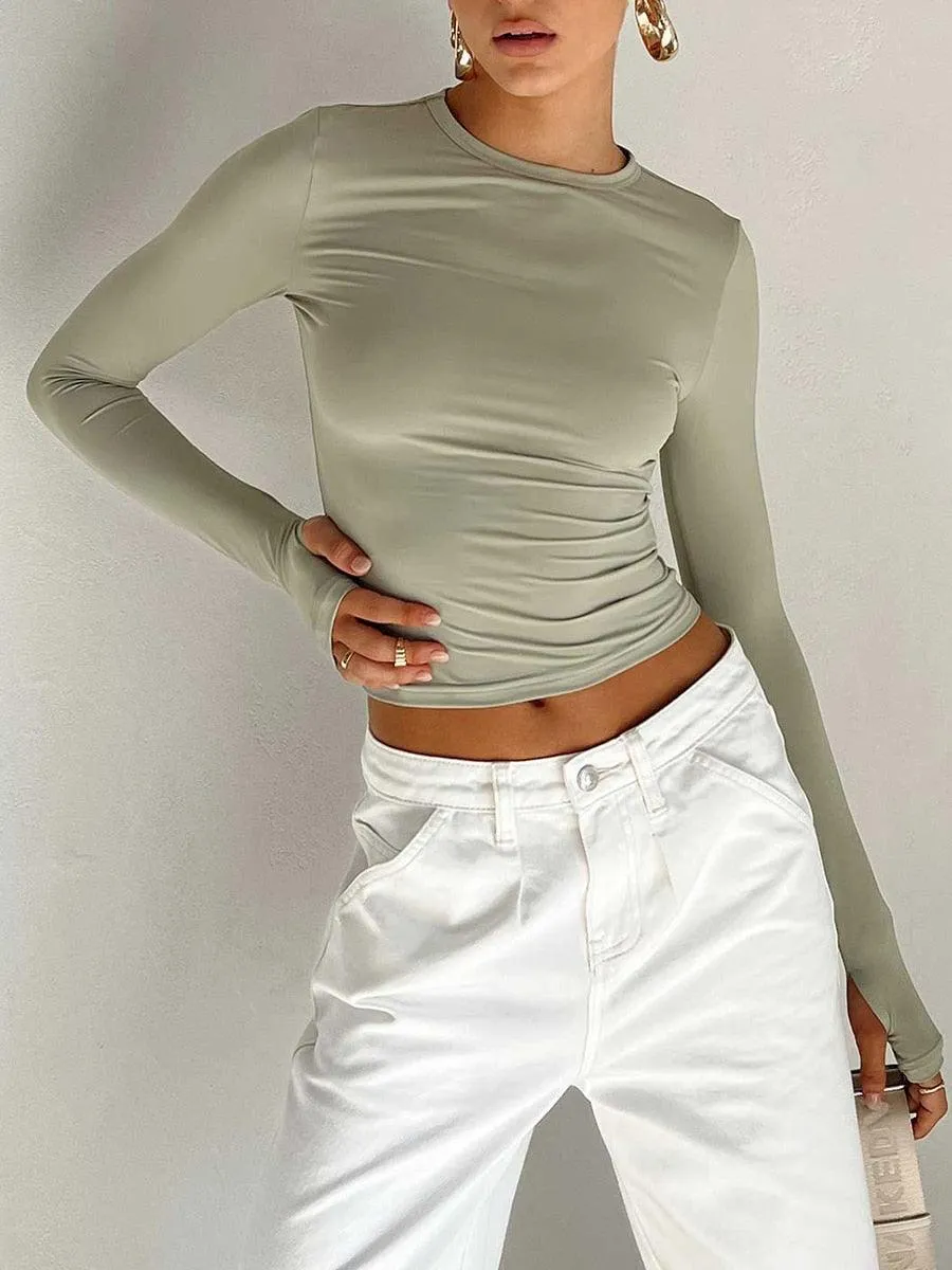 Slim Fit Long Sleeve Crop Top - Crew Neck with Thumb Holes and Solid Color