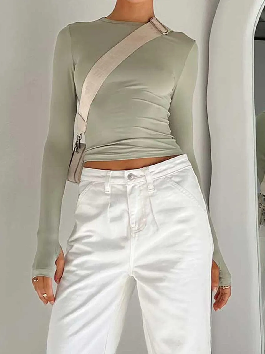 Slim Fit Long Sleeve Crop Top - Crew Neck with Thumb Holes and Solid Color