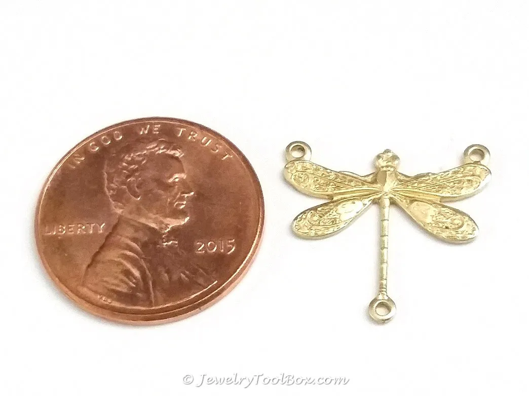 Small Dragonfly Pendant Connector Charm, 3 Loop, Brass, Lot Size 10, #03R