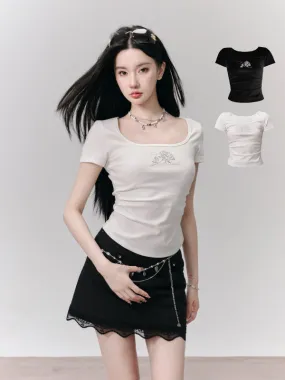 Square-Neck Casual Slim Rose Print T-Shirt