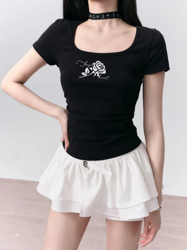 Square-Neck Casual Slim Rose Print T-Shirt