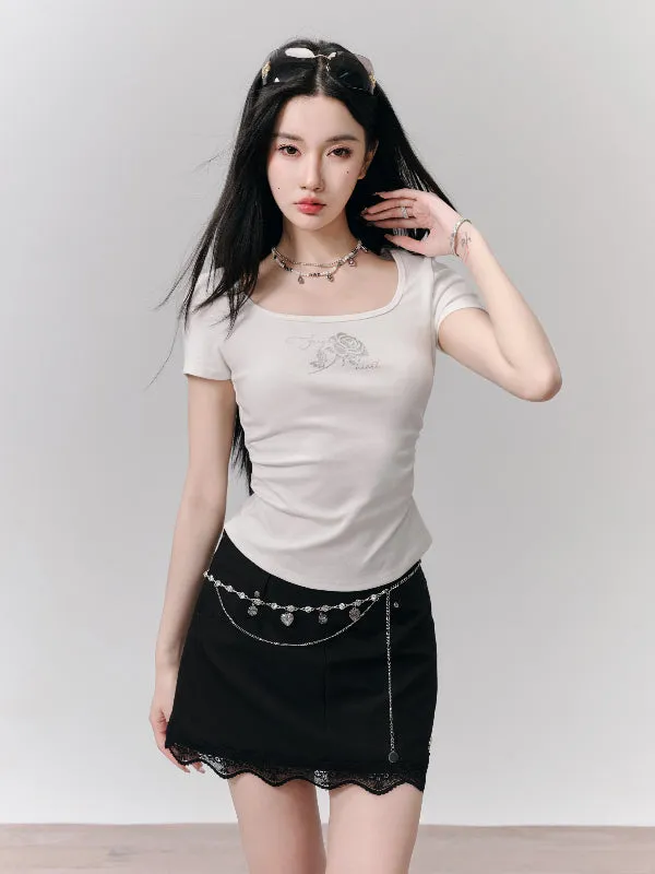 Square-Neck Casual Slim Rose Print T-Shirt