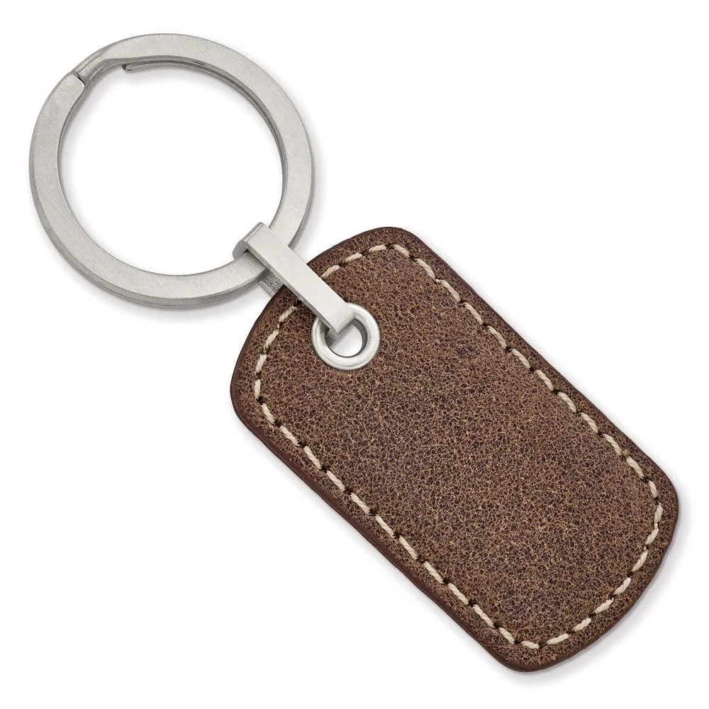 Stainless Steel & Tan Stitched Brown Leather Key Chain