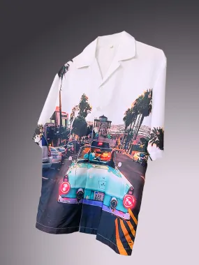 Sunset Lake Side View Graphic Printed Oversized White Crepe Shirt