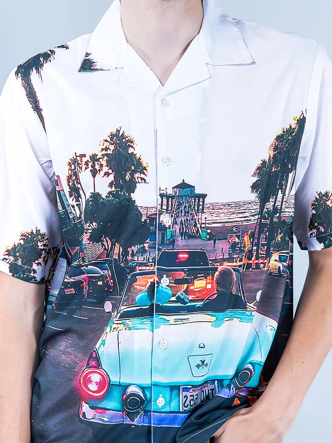 Sunset Lake Side View Graphic Printed Oversized White Crepe Shirt