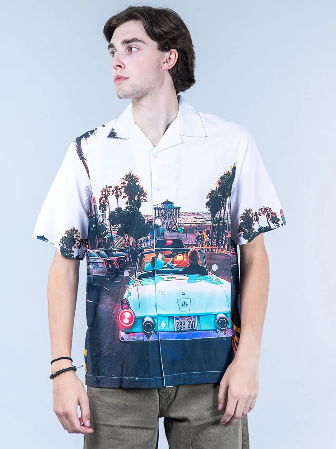 Sunset Lake Side View Graphic Printed Oversized White Crepe Shirt