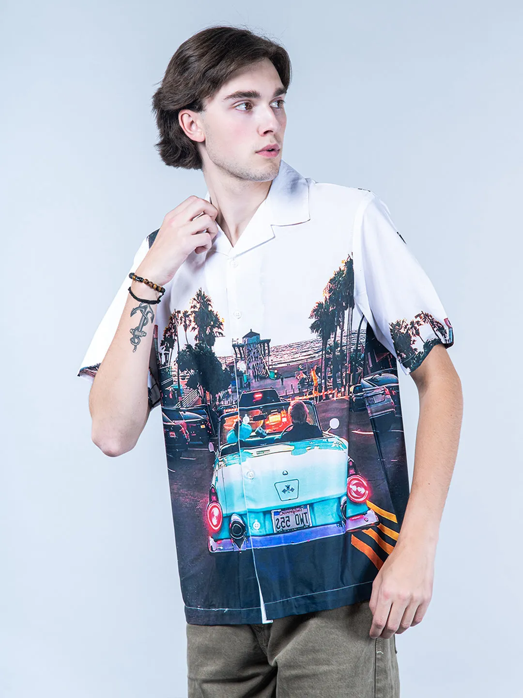 Sunset Lake Side View Graphic Printed Oversized White Crepe Shirt