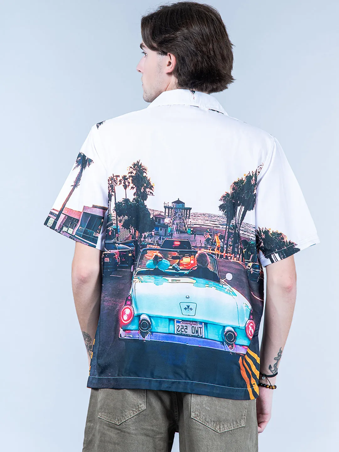 Sunset Lake Side View Graphic Printed Oversized White Crepe Shirt