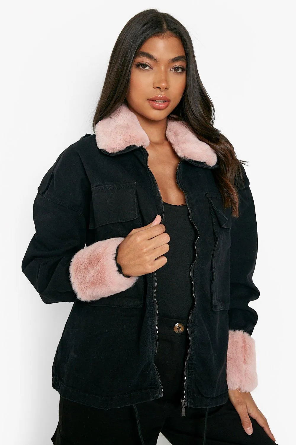 Tall Detachable Faux Fur Trim Denim Jacket