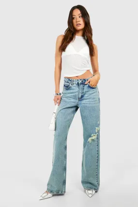 Tall Light Blue Washed Ripped Wide Leg Jeans