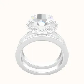 Tapered Channel Set Engagement Ring With Halo with Double Prong Head and Matching Band