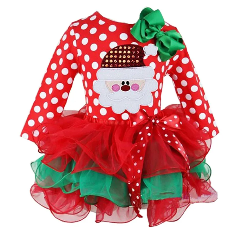 Toddler Baby Girls Christmas Dresses For Kids Princess Party Polka Dot Long Sleeve Snowman Santa Claus Costume Children Clothing