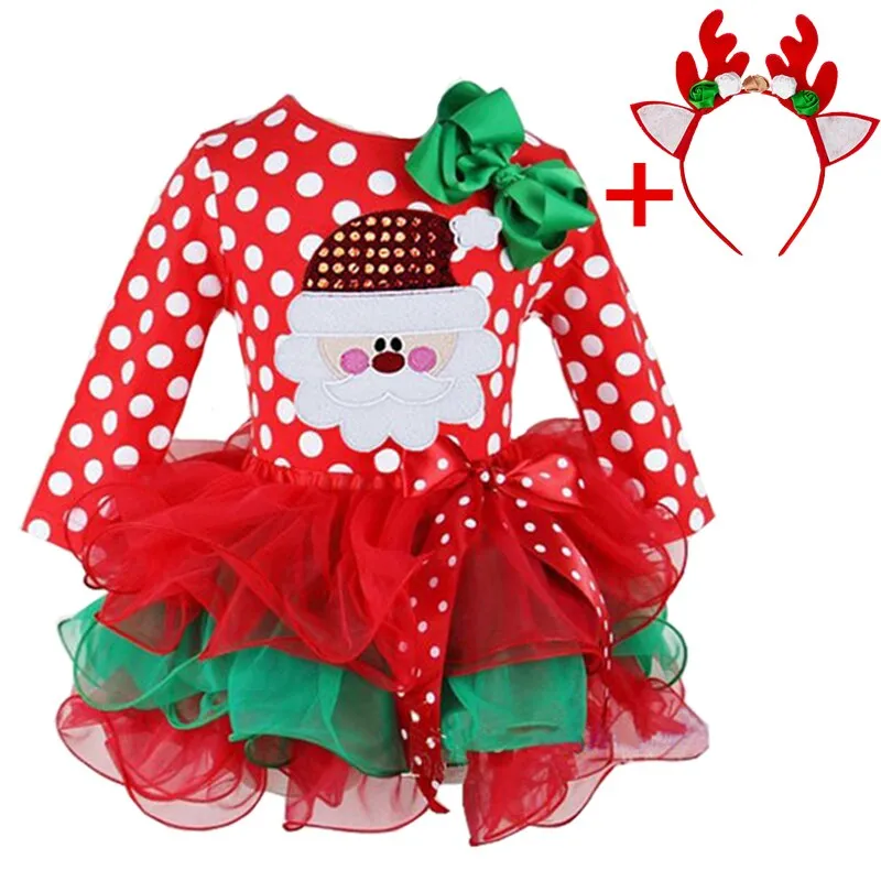 Toddler Baby Girls Christmas Dresses For Kids Princess Party Polka Dot Long Sleeve Snowman Santa Claus Costume Children Clothing