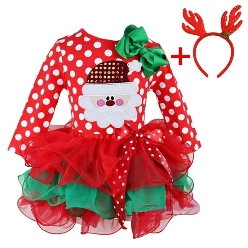 Toddler Baby Girls Christmas Dresses For Kids Princess Party Polka Dot Long Sleeve Snowman Santa Claus Costume Children Clothing