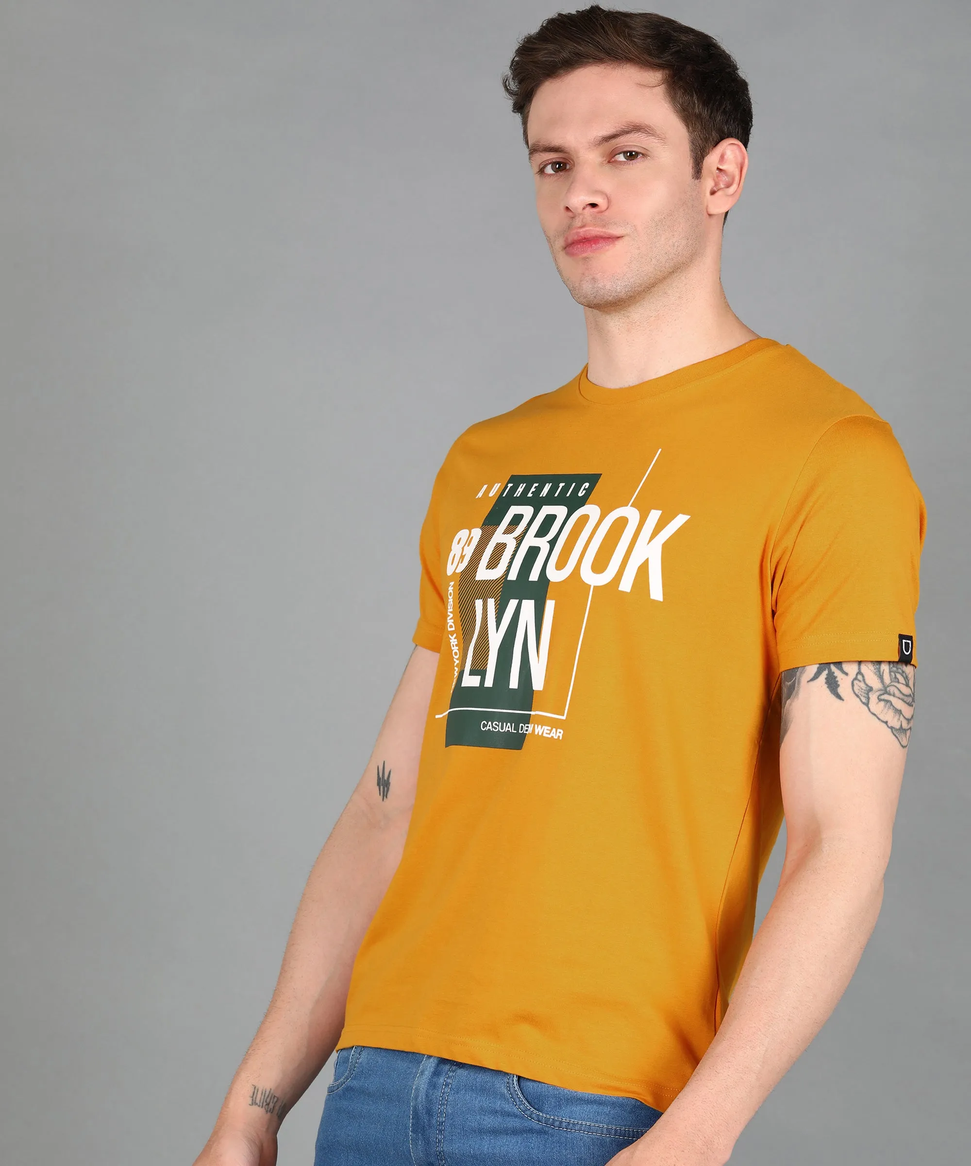 Urbano Fashion Men's Gold Graphic Printed Round Neck Half Sleeve Slim Fit Cotton T-Shirt