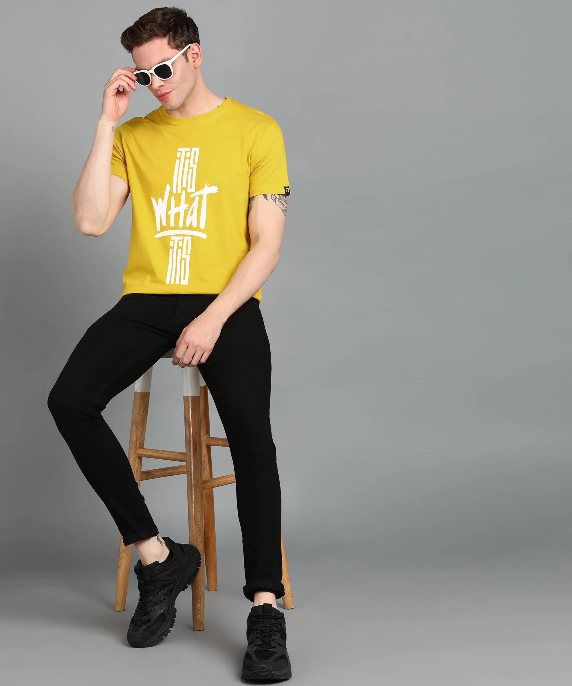 Urbano Fashion Men's Yellow Graphic Printed Round Neck Half Sleeve Slim Fit Cotton T-Shirt