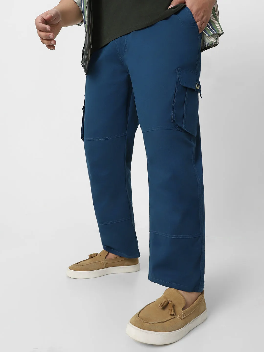 Urbano Plus Men's Royal Blue Regular Fit Solid Cargo Chino Pant with 6 Pockets