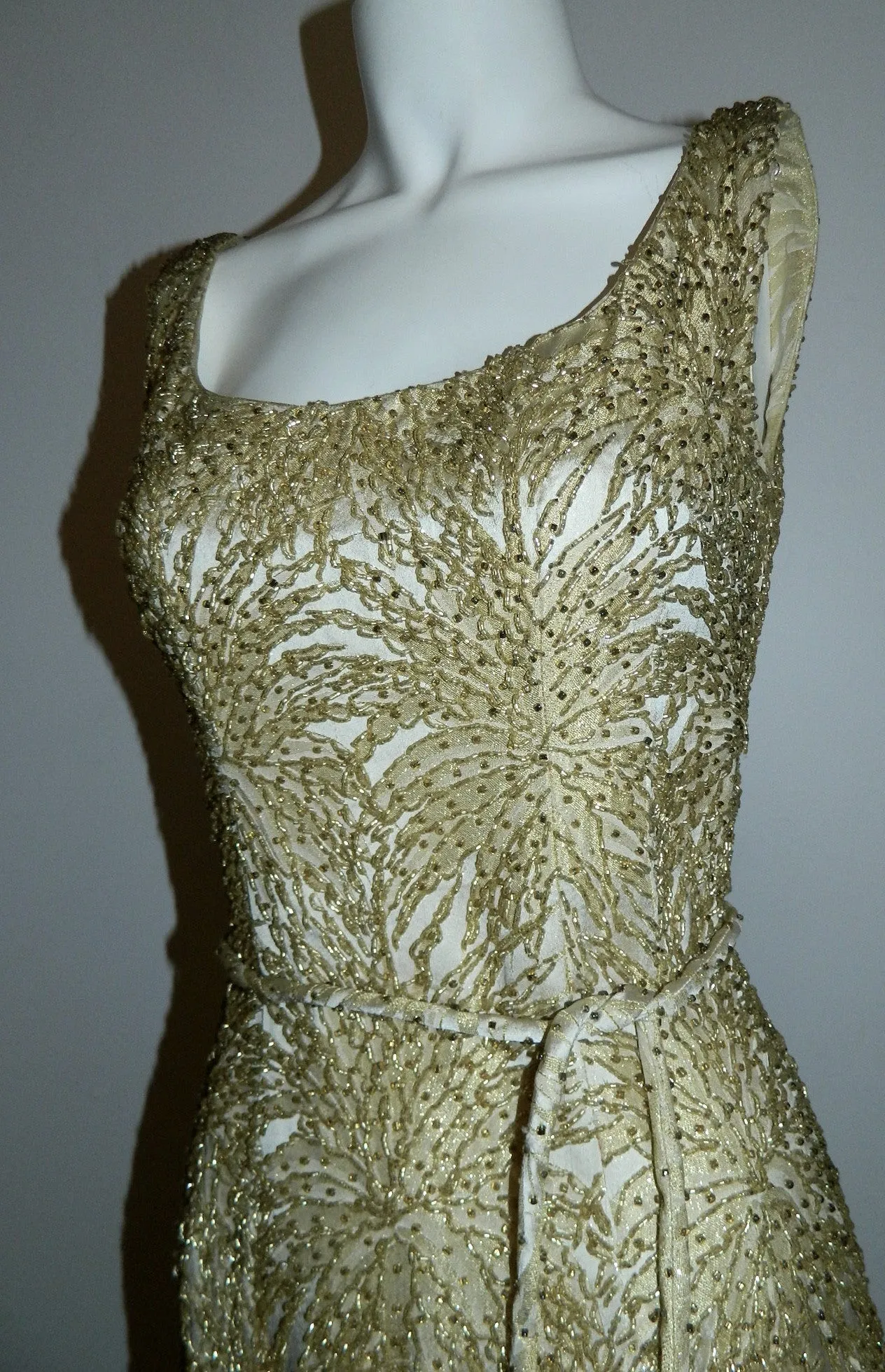 vintage 1960s beaded gown / gold chrysanthemum brocade wiggle dress degrede hand beading