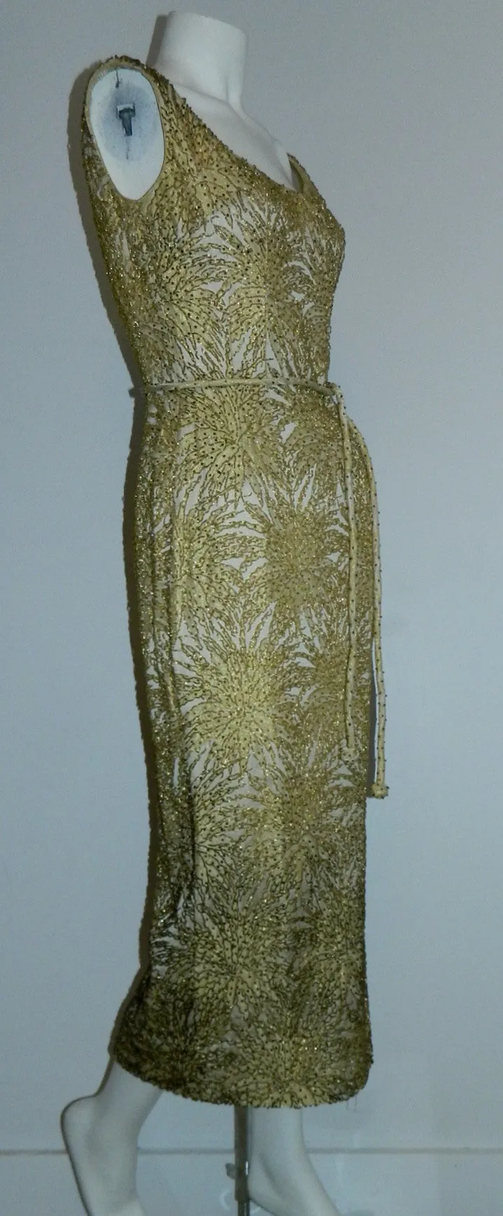 vintage 1960s beaded gown / gold chrysanthemum brocade wiggle dress degrede hand beading