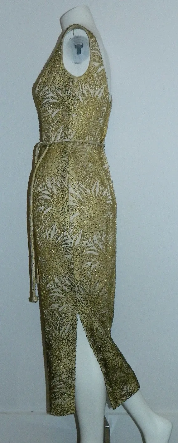 vintage 1960s beaded gown / gold chrysanthemum brocade wiggle dress degrede hand beading