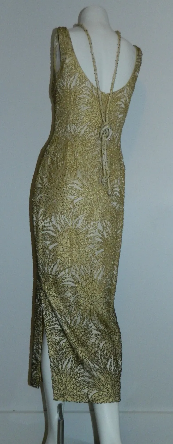 vintage 1960s beaded gown / gold chrysanthemum brocade wiggle dress degrede hand beading