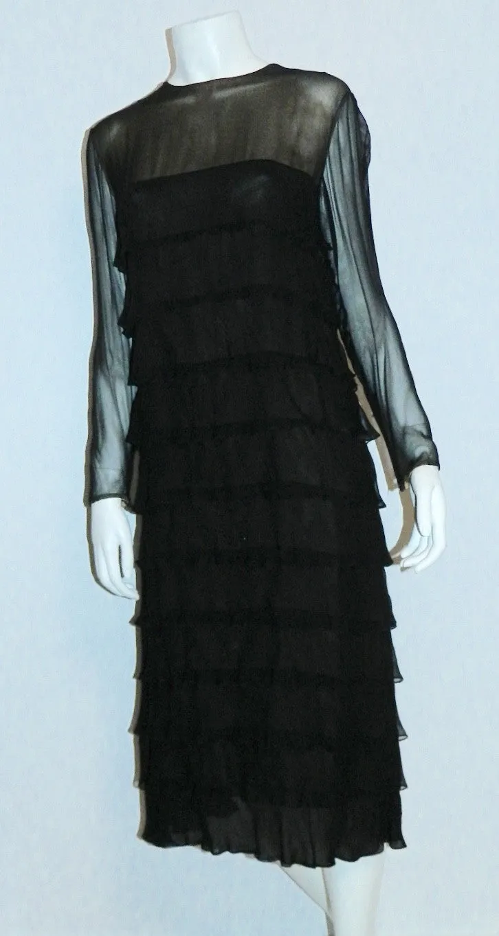 vintage 1960s Pauline Trigere black dress - silk chiffon nude illusion tiered ruffle cocktail frock S