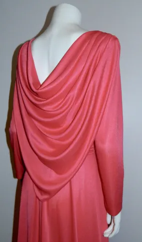 vintage 1970s jersey gown CORAL Grecian drape maxi dress Bernie Bee M L