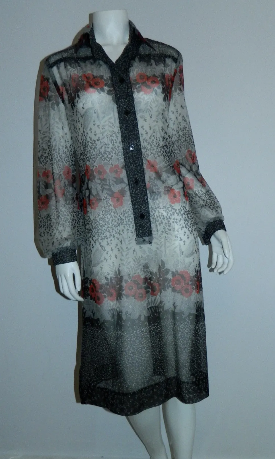 vintage Edith Flagg dress 1970s sheer floral shirtdress red black gray M