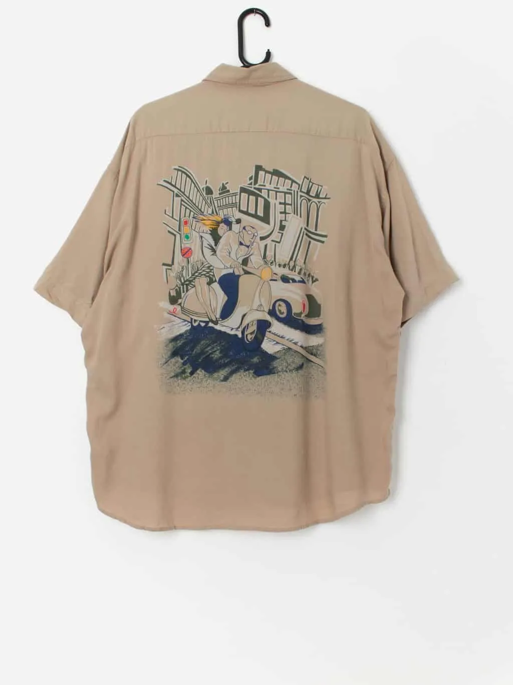 Vintage moped graphic shirt in khaki green – XL