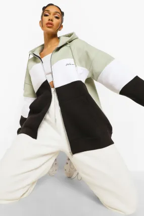 Woman Color Block Zip Up Oversized Hoodie