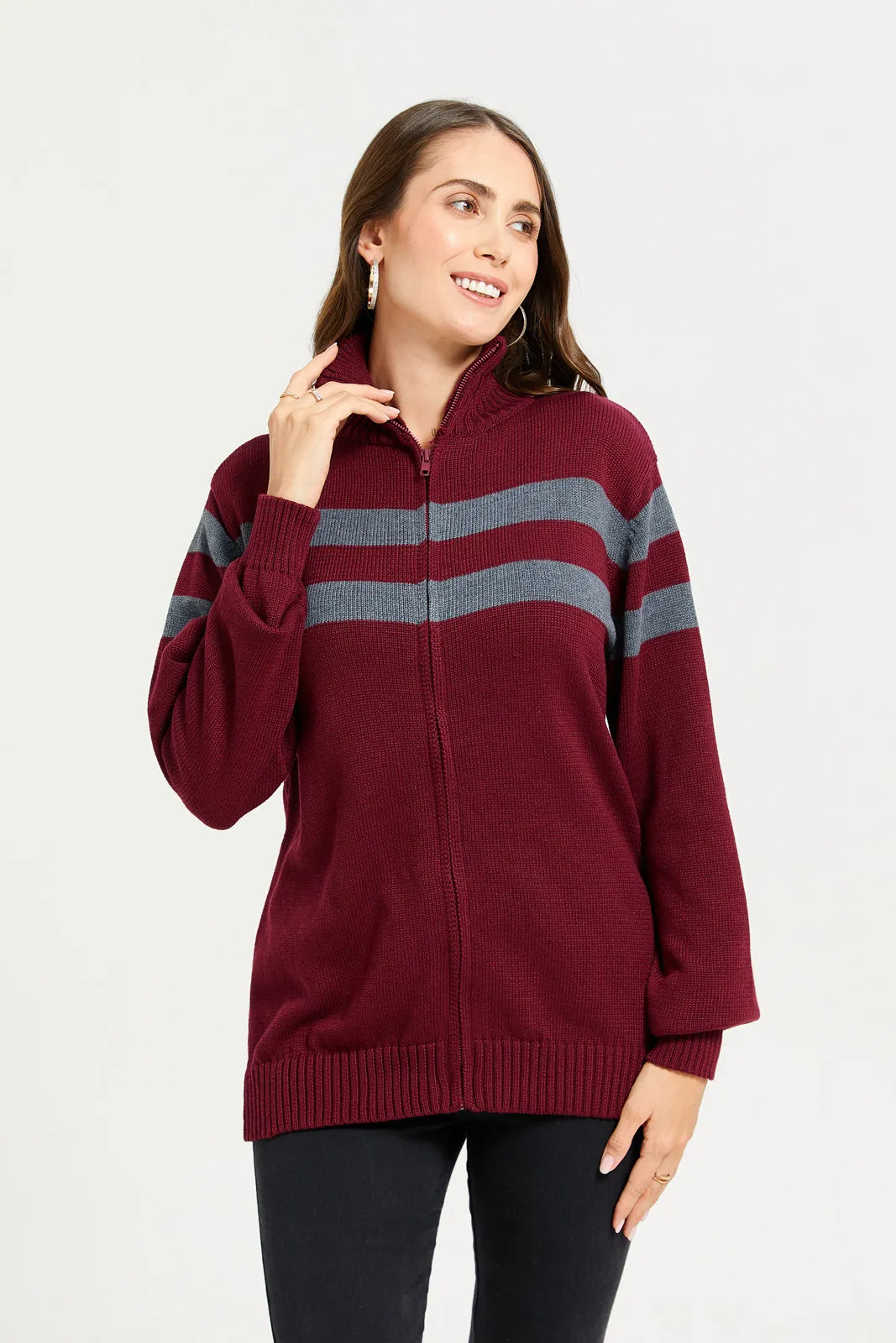 Women Burgundy And Grey Zip-Through Cardigan