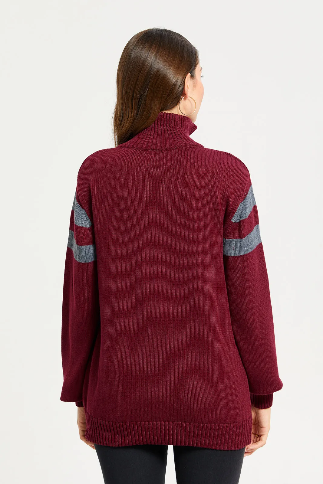 Women Burgundy And Grey Zip-Through Cardigan