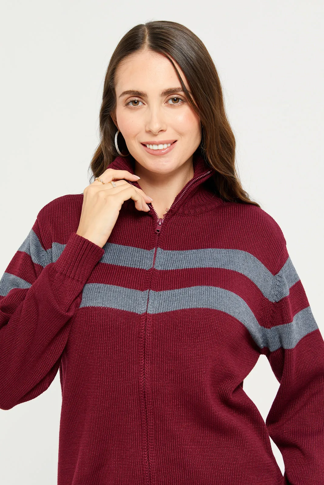 Women Burgundy And Grey Zip-Through Cardigan