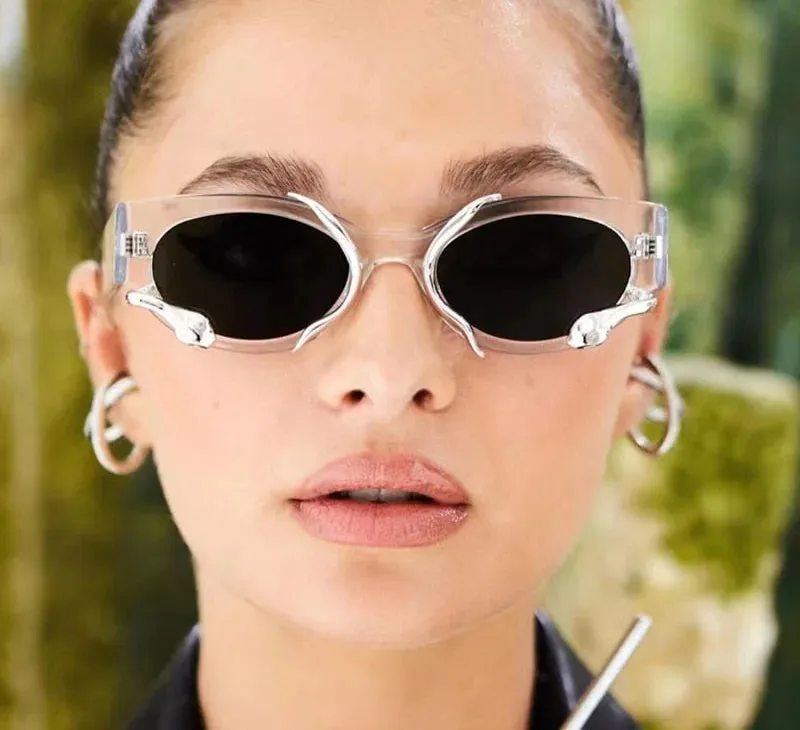 Women Small Frame Steampunk Rectangle Cat Eye Luxury Punk Eyewear Sunglasses