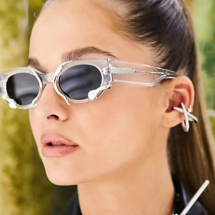 Women Small Frame Steampunk Rectangle Cat Eye Luxury Punk Eyewear Sunglasses