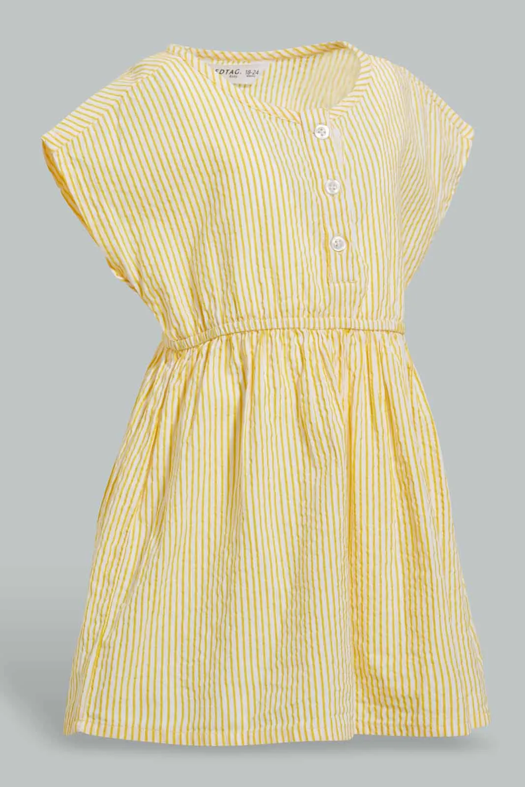 Yellow Elasticated Dress With Front Buttons For Baby Girls